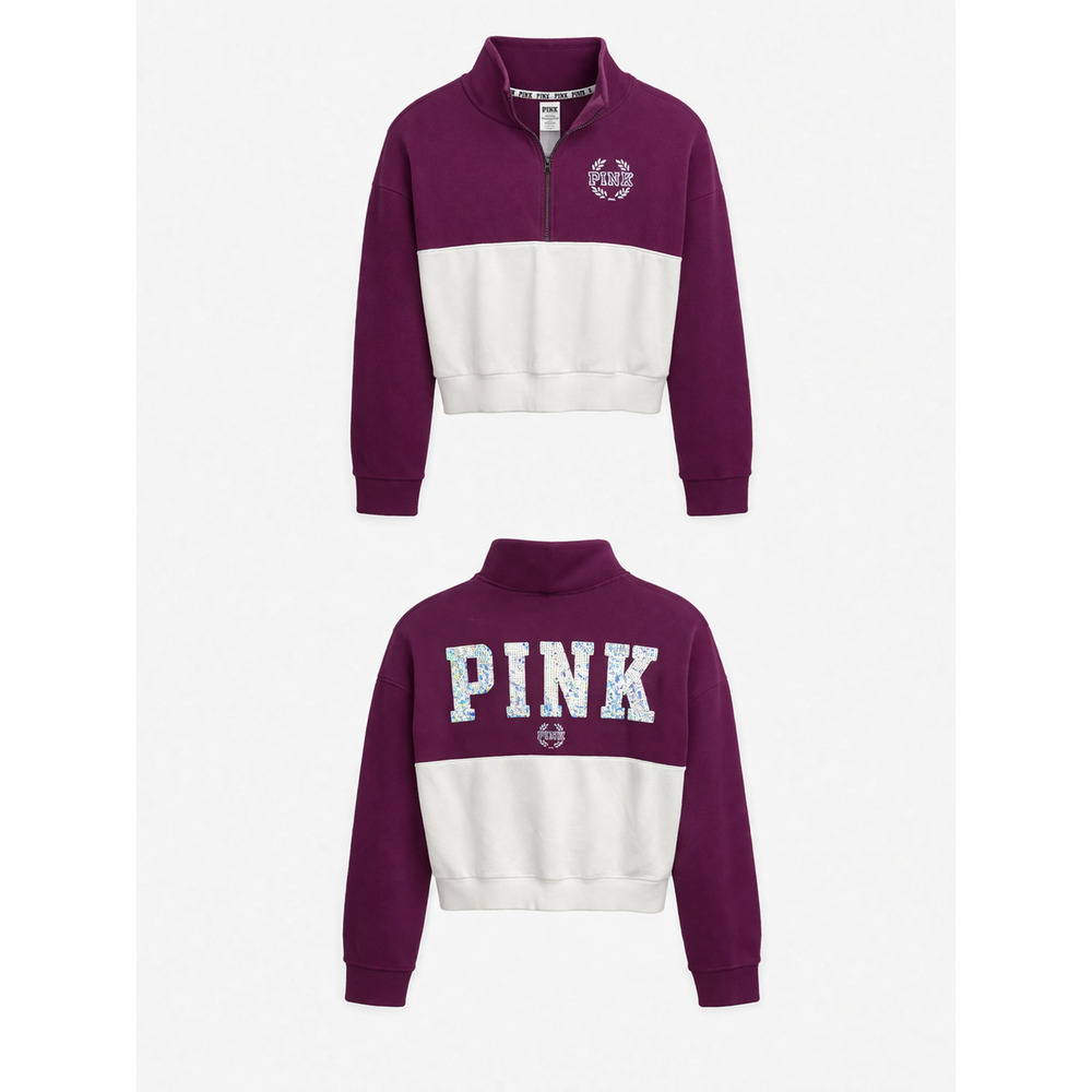 Victoria’s Secret PINK Sequin Logo Half Zip Pullover Purple White Colorblock XS